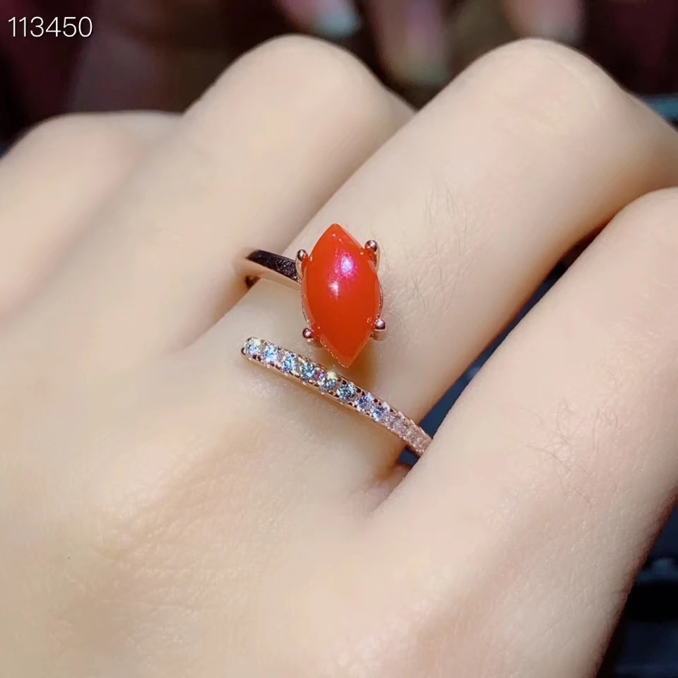 

Natural red coral gem ring 925 Silver natural gemstone Opening ring Fashion grace water drop woman girl Birthday Gift jewelry