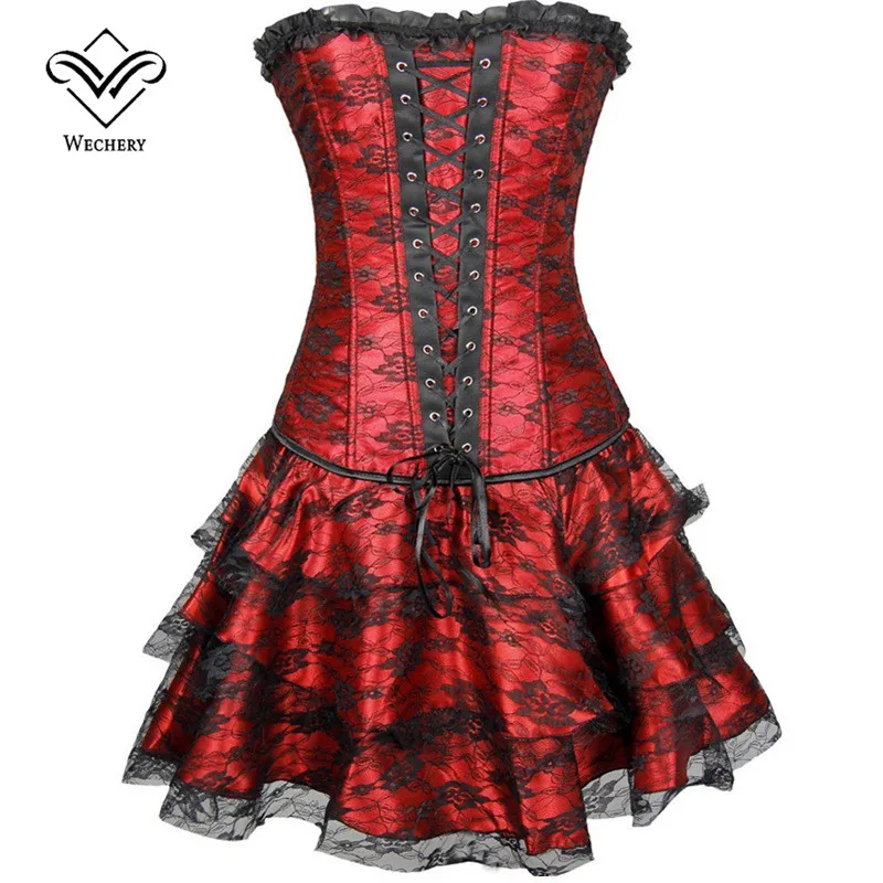 

Wechery Steampunk Dress Modeling Corset With Skirt Waist Corset Dress Overbust Shapewear Bustier Gothic Burlesque Corselet