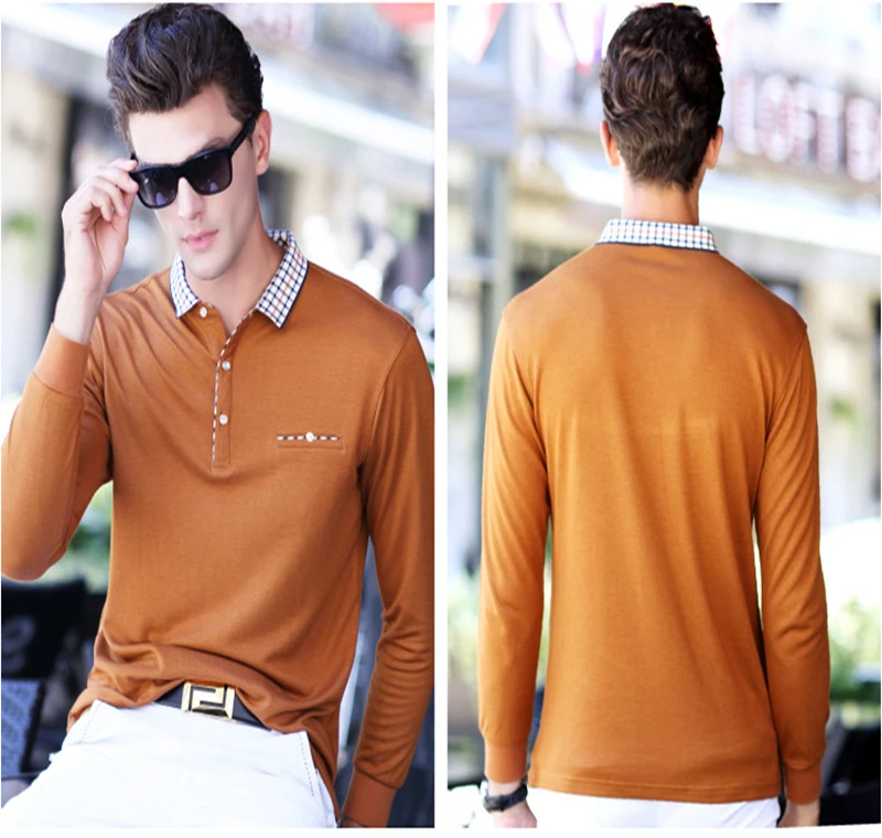 Мужская рубашка поло с длинным рукавом Повседневная Однотонная отворотом на