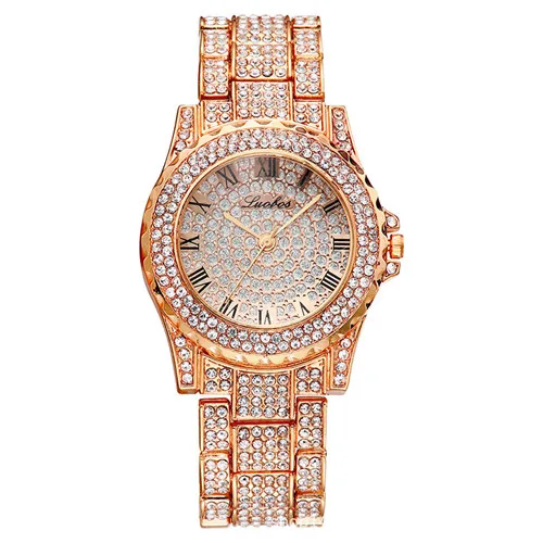 rose gold Роскошные часы с бриллиантами для женщин, кварцевые мужские часы в стиле хип-хоп, золотые мужские часы с ремешком из сплава, наручные часы, вечерние часы, подарок W0019 - Цвет: rose gold