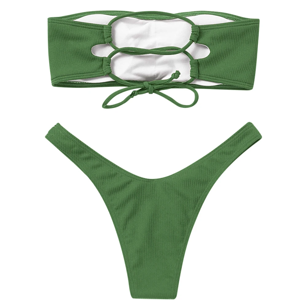 LANGSTAR Bandeau Bikini Ribbed Swimwear Women High Cut Swimsuit Sexy Strapless Lace up Padded Swimwear Thong Biquni Bathing Suit