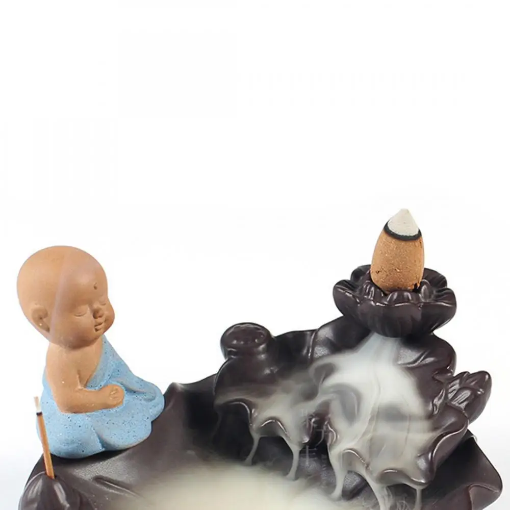 

Lotus Backflow Incense Burner Waterfall Ceramic Buddha Statues Small Monk Insense Holder Home Decor Reflux Censer Handicraft