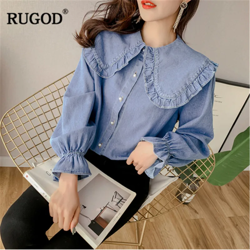 RUGOD Casual Office Lady Blue Blouses Peter pan collar Flare Sleve slim Women Shirts tops Plus size shirt Famele | Женская одежда