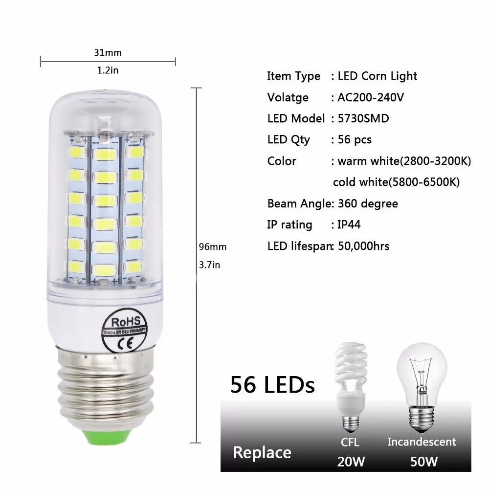 Супер яркий E27 E14 5730 SMD светодиодный светильник 220 В кукурузная лампа 24 30 42 64 80 89 с