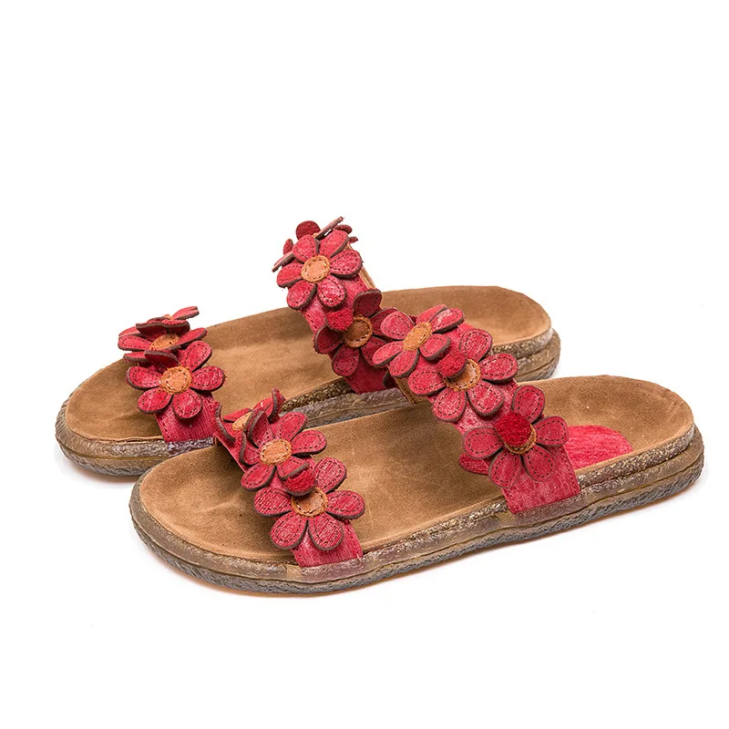 Женские кожаные тапочки на низком каблуке летняя обувь с цветами милые стильные