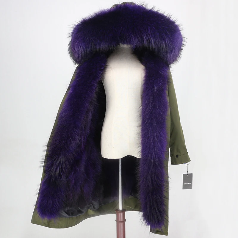 green purple Верхняя одежда из водонепроницаемой ткани OFTBUY, длинная парка, зимняя куртка, женская шуба из натурального Лисьего меха, воротник из натурального меха енота, капюшон, уличная одежда - Цвет: green purple