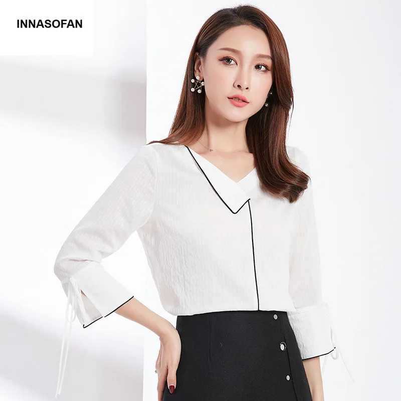 INNASOFAN OL shirt women's Spring-Summer cotton blouse Euro-American fashionable chic with V-neck and three quarter sleeve | Женская