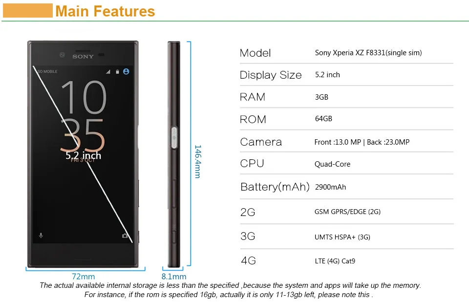 Разблокированный мобильный телефон sony Xperia XZ с оперативной памятью 3 ГБ F8331 F8332 с одной двойной/одной sim-картой 4G LTE Android quad core 5," 23 МП wifi