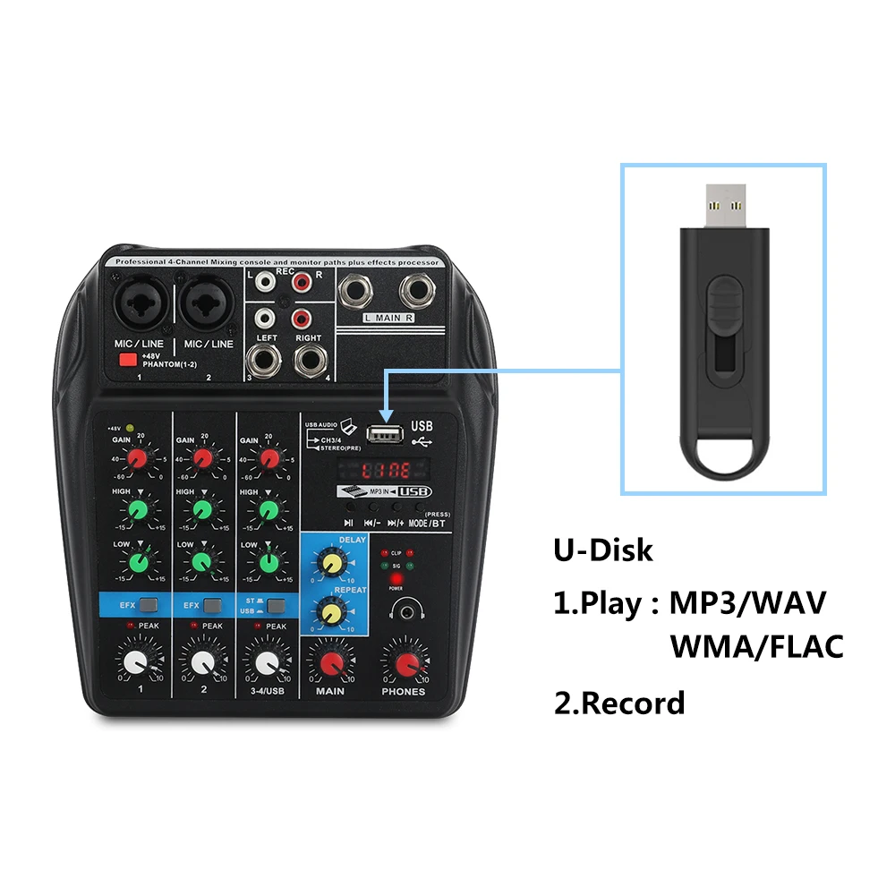 4-канальный аудиомикшер A4 звуковая микшерная консоль с Bluetooth USB-записью 48 В