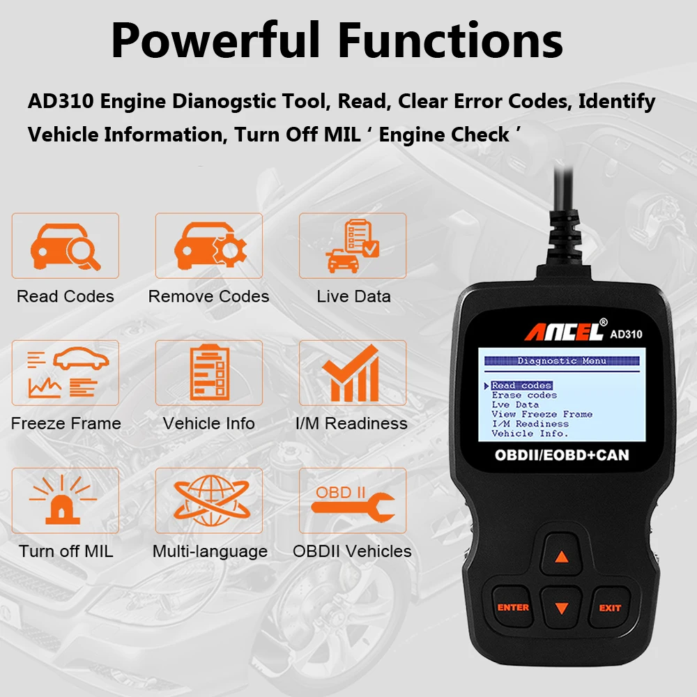 Ансель AD310 OBD2 автомобильной сканер OBD автомобиля инструмент диагностики в русский код читателя ODB2 сканер OBDII OBD 2 ODB PK ELM327 v1.5