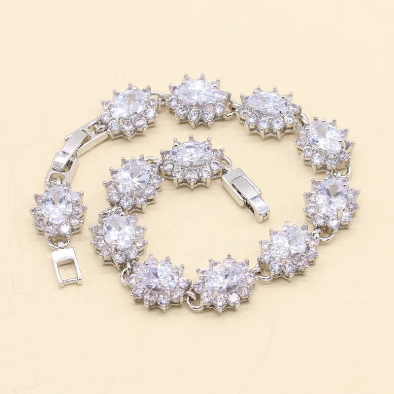 925 Silver Necklace Pendant Earrings Bracelet Bridal Jewelry Set for Women Christmas Gift Oval White Semi-Precious | Украшения и