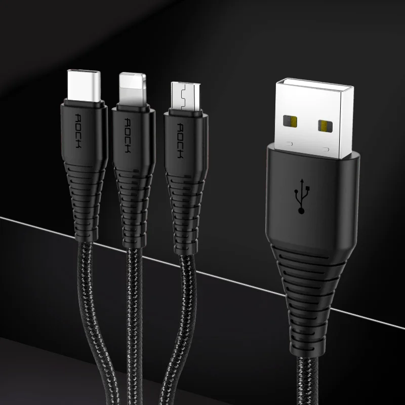 Black ROCK 3 в 1 кабель системы освещения iPhone зарядное устройство USB шнур 3в1 Micro usb type C Быстрая зарядка кабель для передачи данных type-c мобильный телефон кабин - Цвет: Black