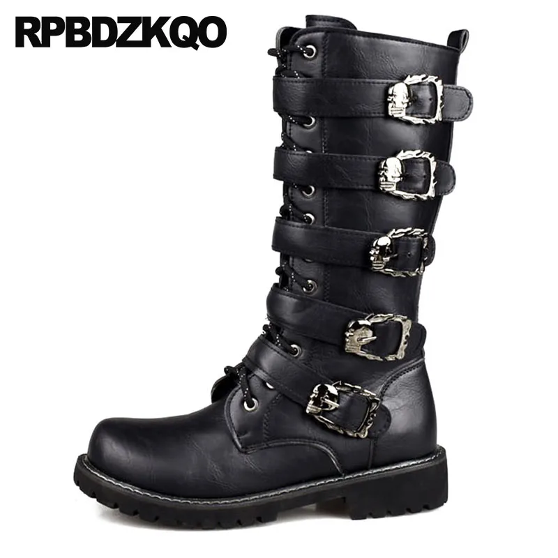 

Mid Calf Embellished Punk Shoes Black Metalic Plus Size Chunky Zipper Mens Leather Tall Boots Motorcycle Runway British Style