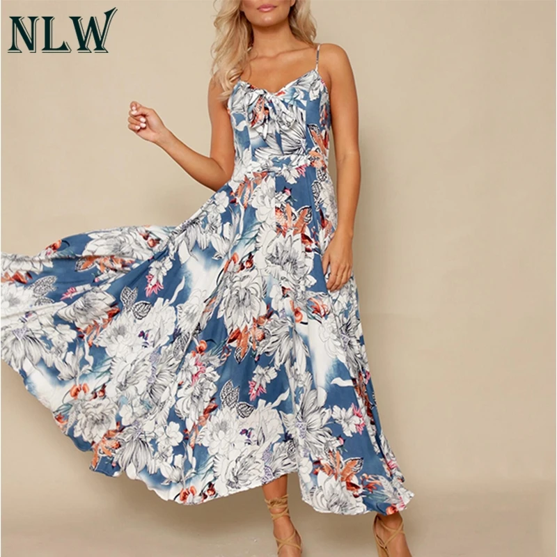 NLW Boho Макси Платье на тонких бретельках плиссированное сзади с бантом спереди