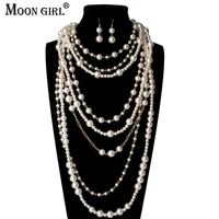 2017 new moon girl multi layer simulated pearls chain long necklace trendy statement choker necklace for women fashion jewelry