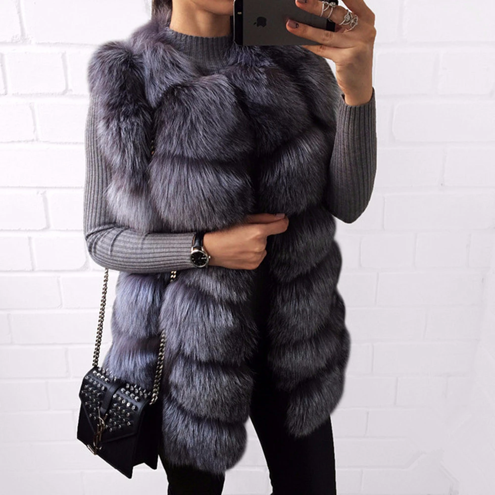 TOPFUR New Fashion Real Fox Fur Coat Women Winter Gray Vest Women Medium Long Solid Clothes Women Slim Vest Natural Fox Fur