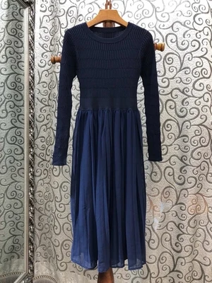 dark blue Высокое качество, новинка, Осеннее длинное платье-свитер, женское вязаное лоскутное платье с длинным рукавом, синее, черное плиссированное платье, повседневная одежда - Цвет: dark blue