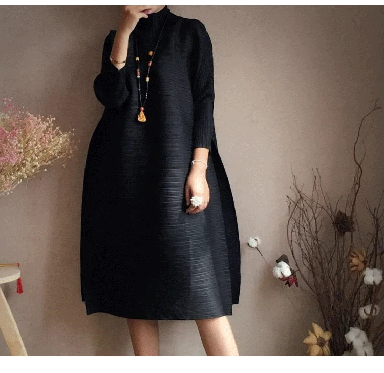 Changpleat весеннее женское платье с высоким воротом Miyak Плиссированное модное дизайнерское одноцветное свободное женское платье большого размера длиной до колена