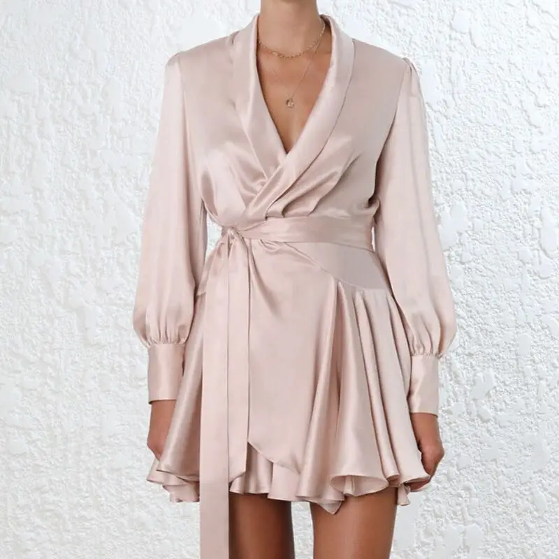 Elegant Silk Satin Dress Women Sexy V Neck Lantern Sleeve Ruffle Sash Mini Wrap Dress Ladies A Line Long Sleeve Dress Vestido
