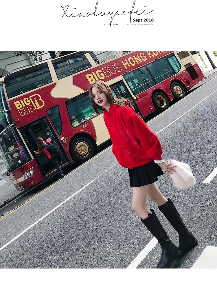Женские красные свитшоты зимние пушистые милые Harajuku Пуловеры толстое