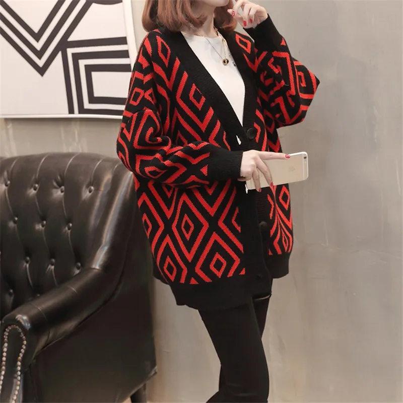 2019 Spring New Women Knitted Cardigan Casual Fashion Sweater Loose Diamond Lattice Knitwear Autumn Elegant Coat Lj334 |