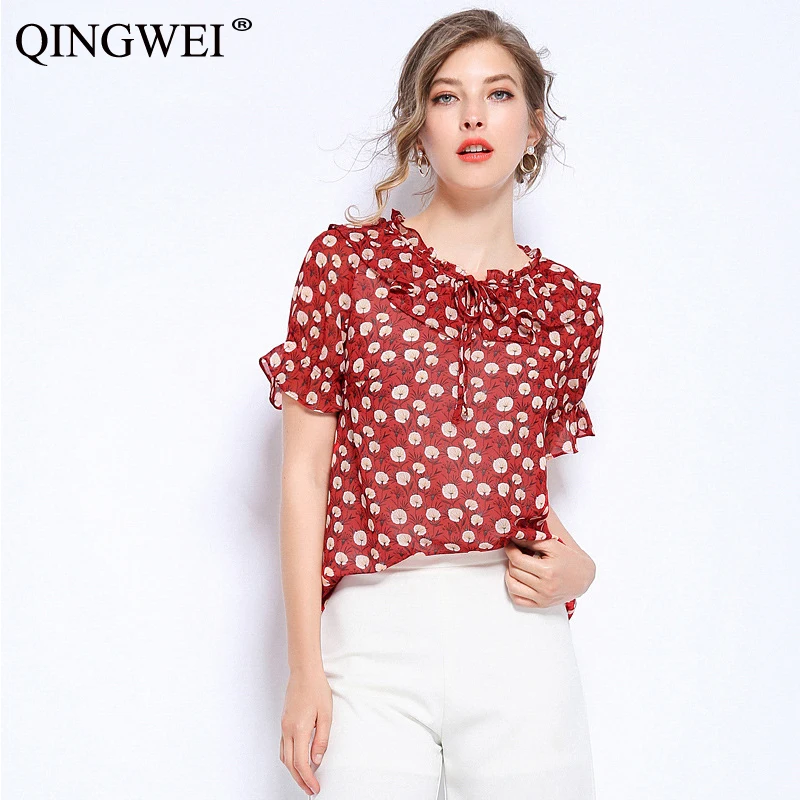 

Женская шифоновая блузка с коротким рукавом, круглым вырезом и принтом