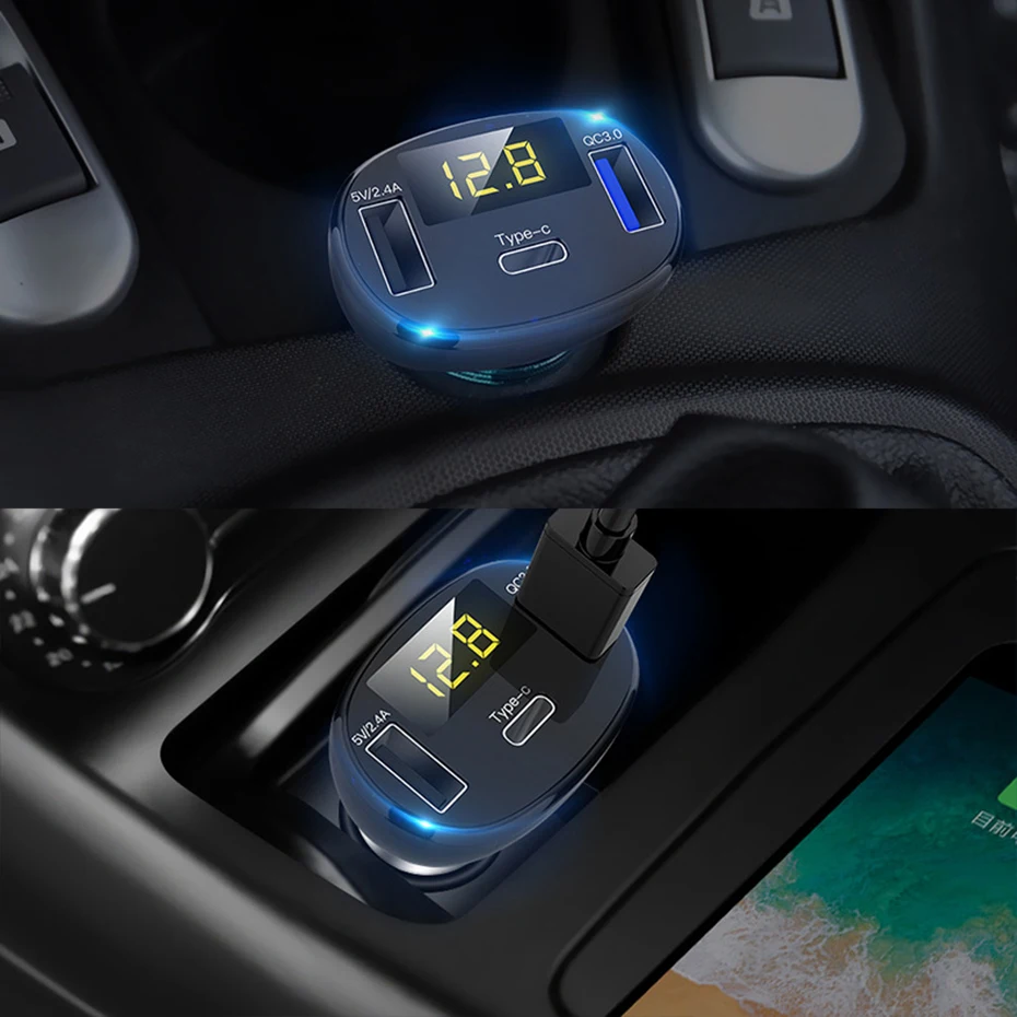 Автомобиль Dual USB Автомобильное зарядное устройство прикуривателя Тип C QC 3,0 Зарядное устройство 5V светодиодный Дисплей адаптер-разветвитель Авто гнездо зарядки электронных аксессуаров