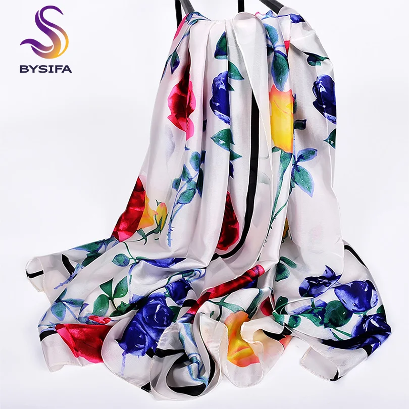 

[BYSIFA] Ladies Spring Silk Scarf Fashion Brand Women's Scarves Summer Rose Beach Shawl Cover-ups Foulard Femme White 180*90cm