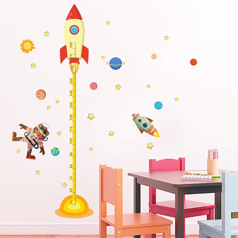Monkey Rocket Out To Space Height Measure Wall Sticker For Children Room Pvc Growth Chart Home Decals Cartoon Mural Art Poster | Дом и сад