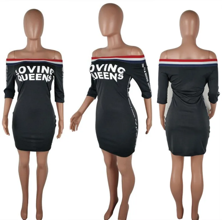 Robe Femme Ete Новинка года рубашка платье для женщин в полоску Сращивание Письмо печати с открытыми плечами Slash средства ухода за кожей Шеи - Цвет: 589262203153