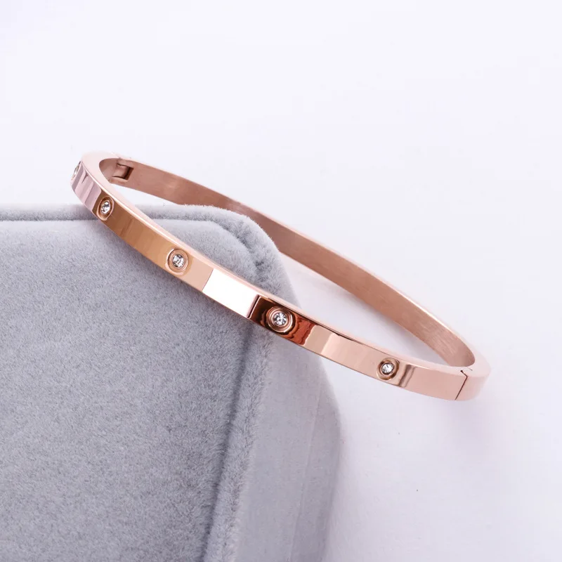 HFYK 2019 full cubic zirconia bangles for women rose gold color stainless steel bracelets pulseira feminina | Украшения и