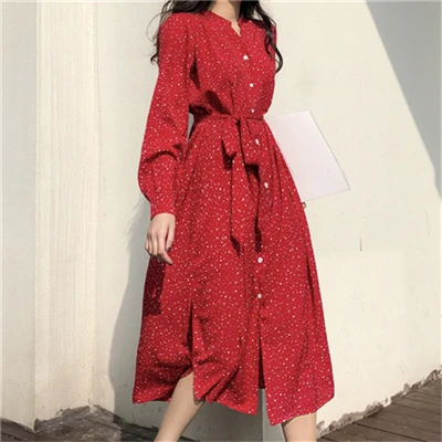 Красный RUGOD красное Пятнистое женское длинное платье однобортное с v-образным вырезом и длинными рукавами до середины икры элегантное винтажное милое платье в английском стиле - Цвет: Красный