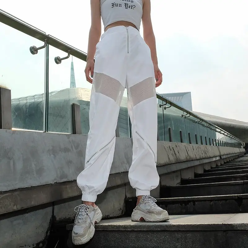 Woherb Summer Harajuku Cargo Pants Women Full Length White Trousers Modis Gauze Patch Perspective High Waist Pant 22655