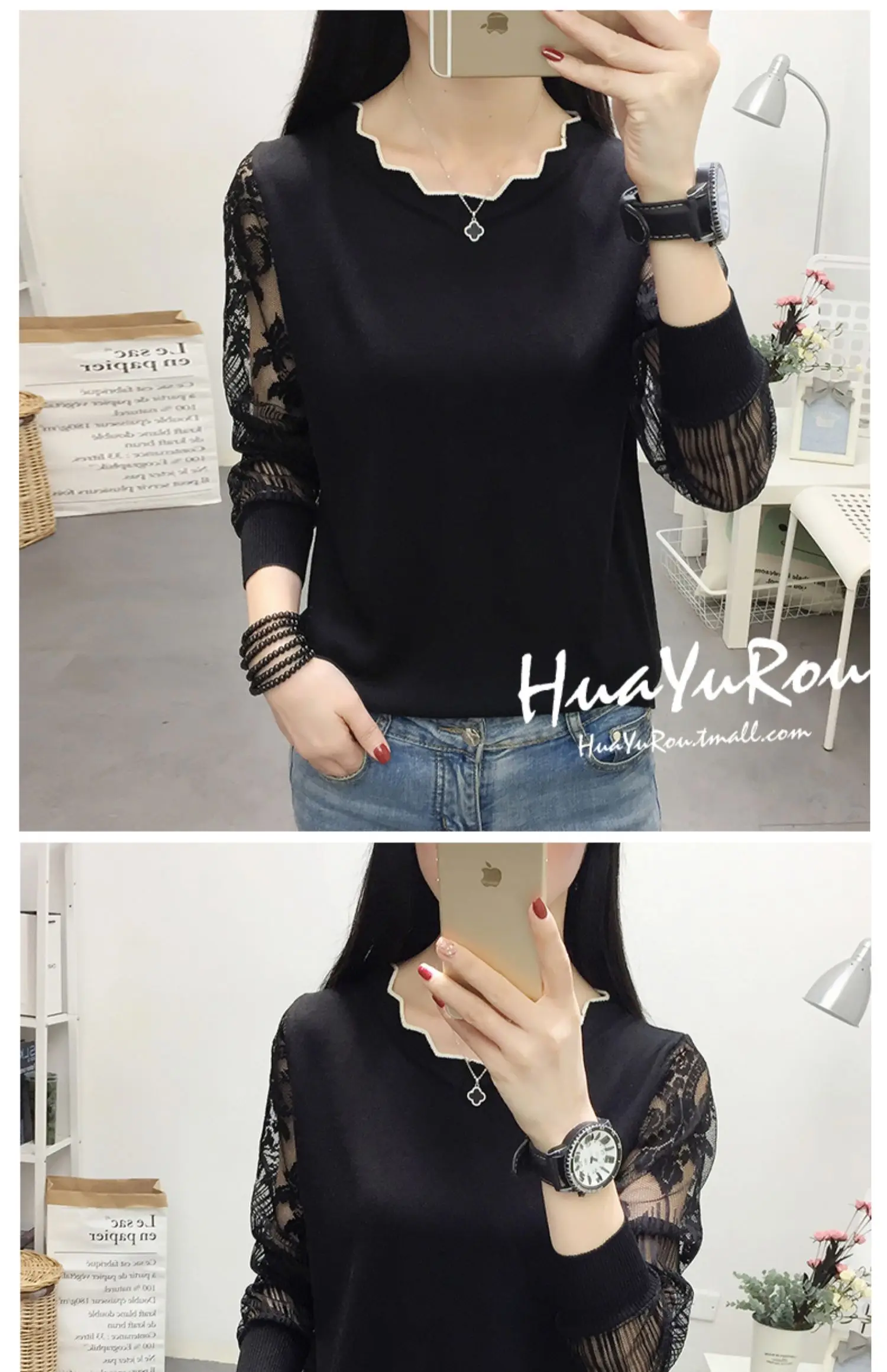 OHCLOTHING кружевной свитер женская нижняя блуза с длинным рукавом Свободная Весенняя НОВАЯ тонкая трикотажная блузка трендовая блузка