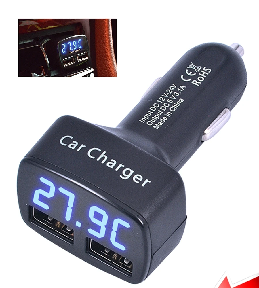 Автомобильное зарядное устройство с двумя USB портами и цифровым дисплеем 3 1
