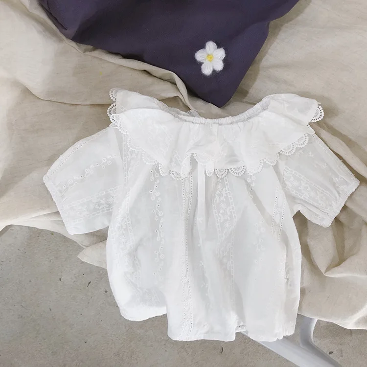 Toddler Clothes Kid Blouse Korean Lace Collar Baby Girl Short Sleeve Summer New Cute Bubble Sleeve Doll Lace White Shirt