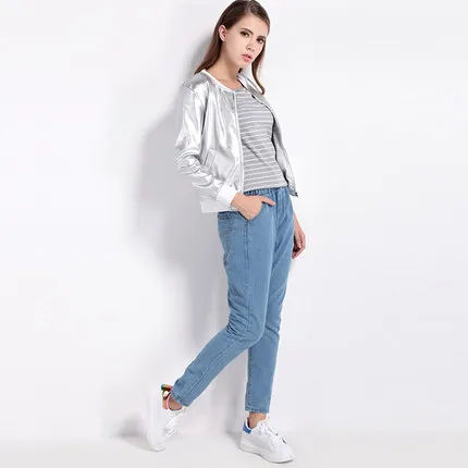 2019 Осенняя модная женская металлическая Серебряная летная куртка повседневная