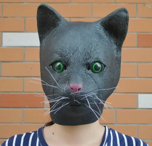 Фото Высококачественная маска для костюмированной вечеринки черного цвета Katze Meow Kopf, латексная маска для косплея на Хэллоуин, все лицо, черная голова кошки, голова кошки №1