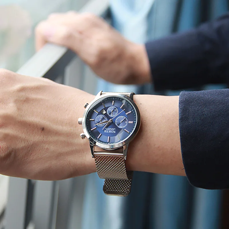 Мужские кварцевые часы North модные повседневные из голубой стали с календарем