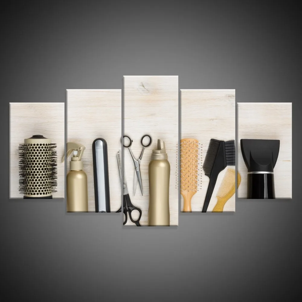 

Canvas Pictures Barbershop Decor 5 Pieces Scissors Comb Bottle Painting HD Prints Hairdressing Tools Modular Wall Art Framework
