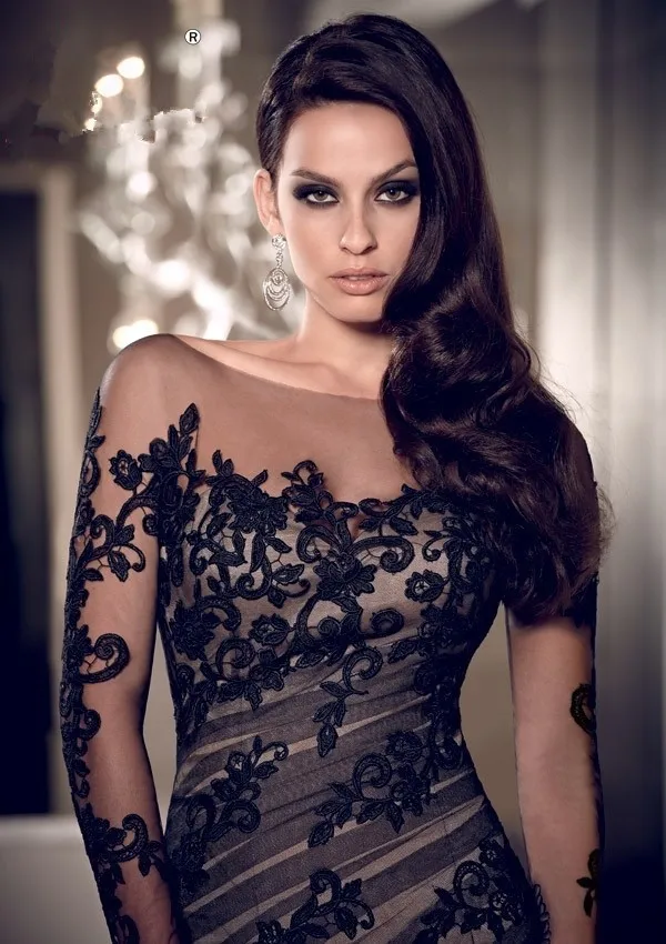 Maxidress Mermaid Long Sleeve Appliqued Fall Evening Dress Women Party Scoop Court Train 2015 vestidos de festa longo | Свадьбы и
