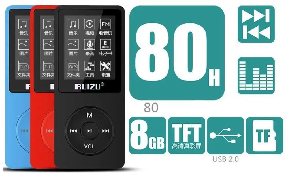 Оригинальный MP3 плеер RUIZU X02 с 1 8 дюймовым экраном может играть 80 часов FM