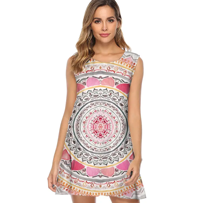 Pretty pink glitter dress for women Print Casual Chiffon Dress Sleeveless O neck Cute Summer Dress mini fashion Beach Dress