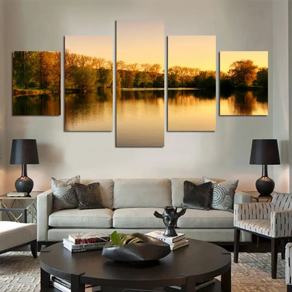Beautiful autumn tree lakes and mountains 5 Panels the picture Canvas Print Painting Art work decorative canvas painting | Дом и сад