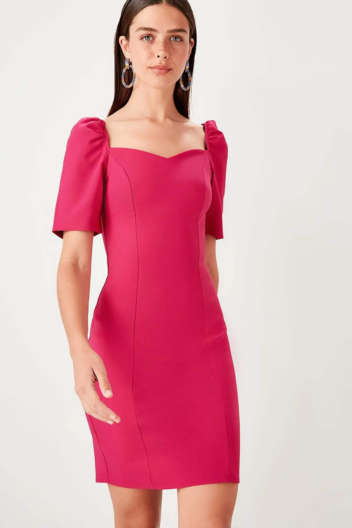 Trendyol фуксия Пузырьковые рукава платье TWOSS19EL0255|Женские платья| |