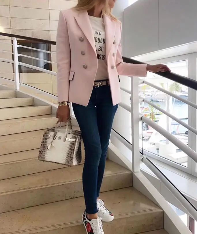 Женский блейзер на пуговицах Роскошный Розовый двубортный Блейзер серебристого