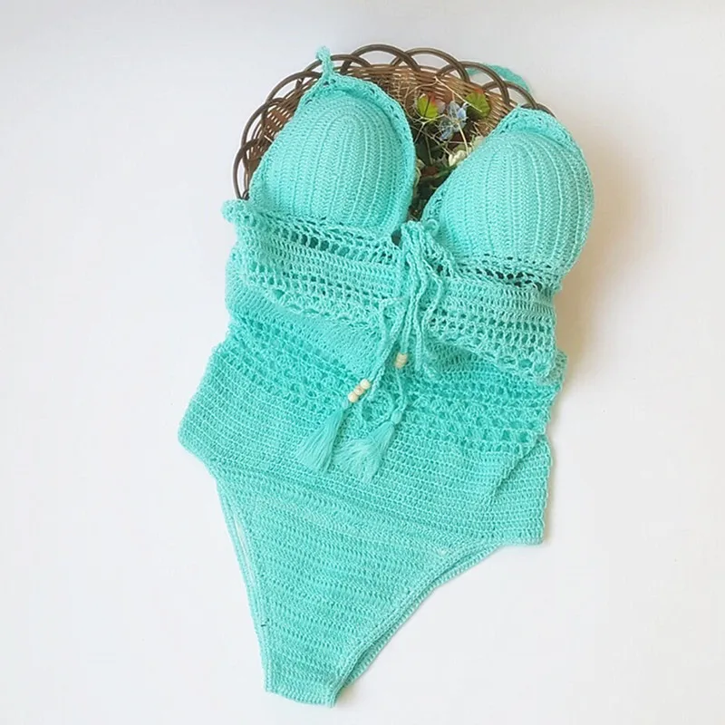 Сексуальный женский слитный купальник с v образным вырезом вязаный крючком