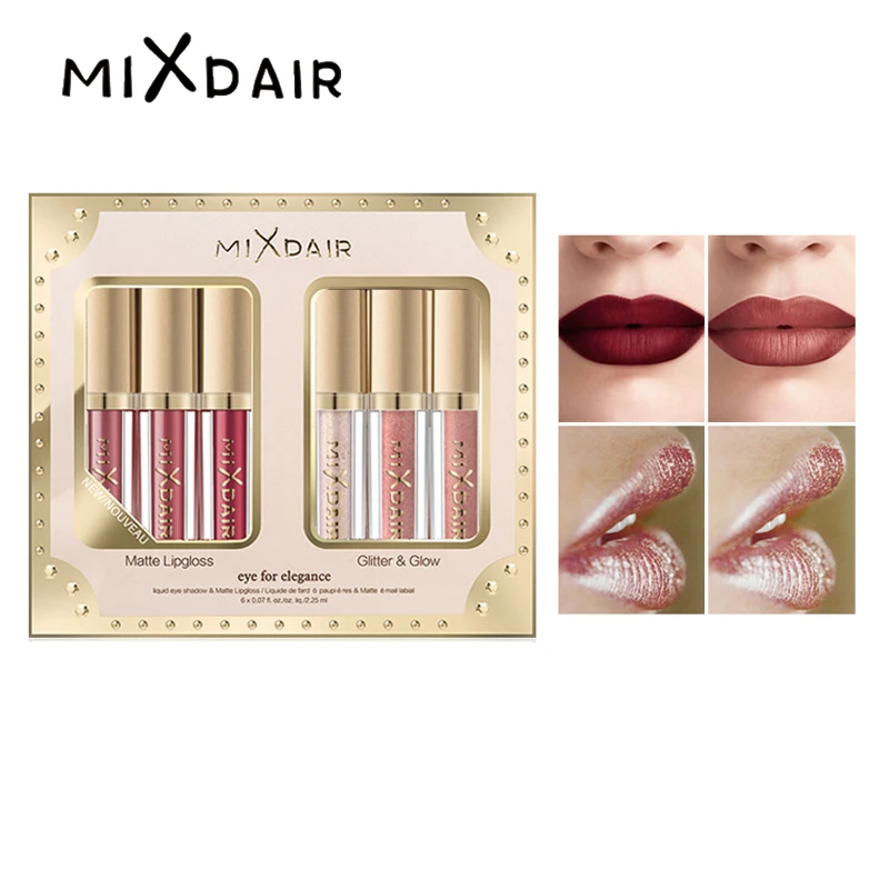 MIXDAIR, 6 цветов, Матовая жидкая губная помада, Стойкий матовый блеск для губ, мерцающий блеск, набор, жидкая губная помада, блеск, пигмент