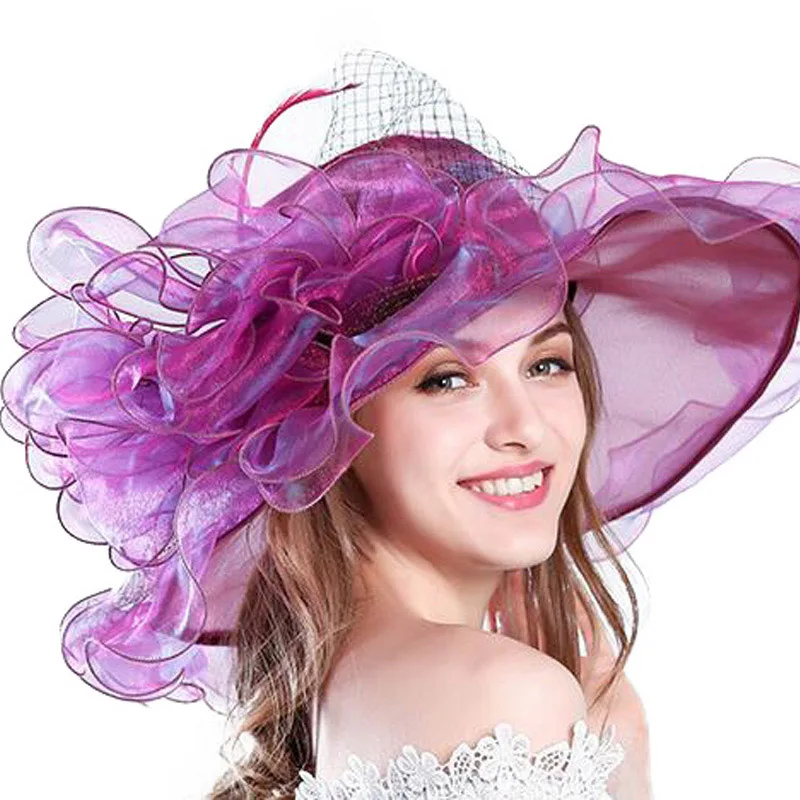 Rose Purple Женская винтажная шляпа из органзы FS, шляпка от солнца с широкими полями и большим цветком, 9 цветов, летняя - Цвет: Rose Purple