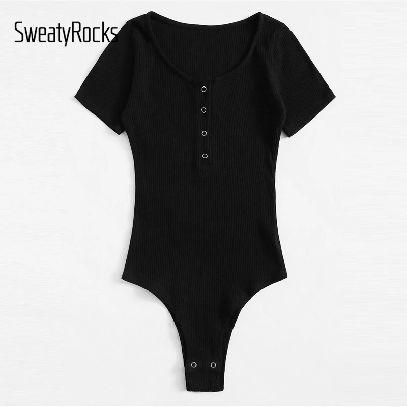SweatyRocks цельное кольцо с глубоким вырезом, боди, уличная одежда, Женский Повседневный комбинезон,, летние обтягивающие черные базовые боди